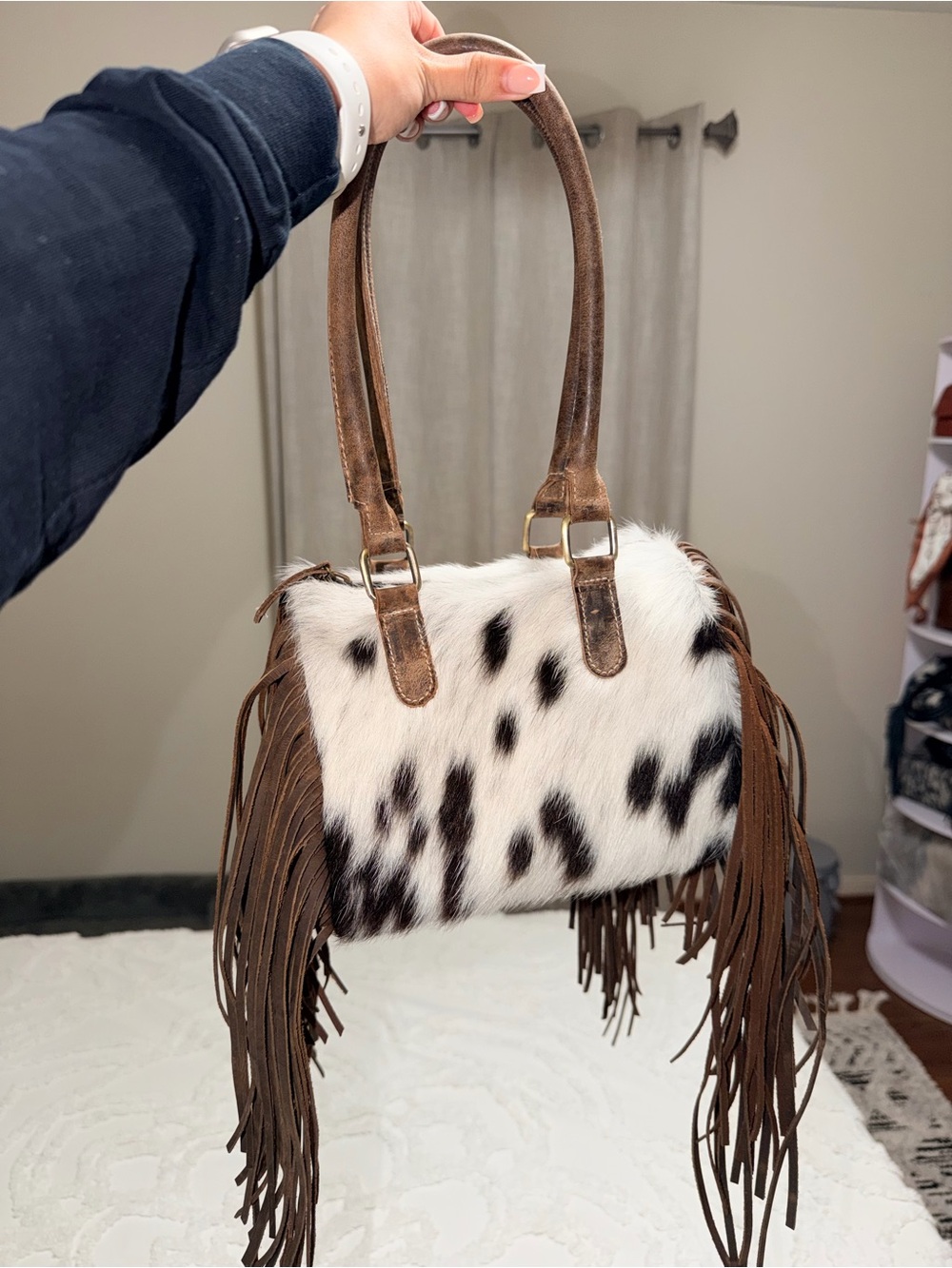Small Soft Fringe Speedy Cowhide Shoulder Bag in White & Brown